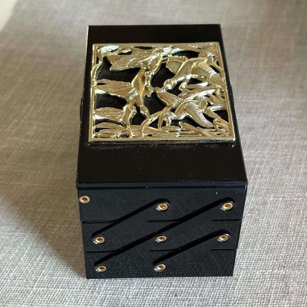 Vintage 3 Tiered Metal Trinket Japanese Jewelry Box Small